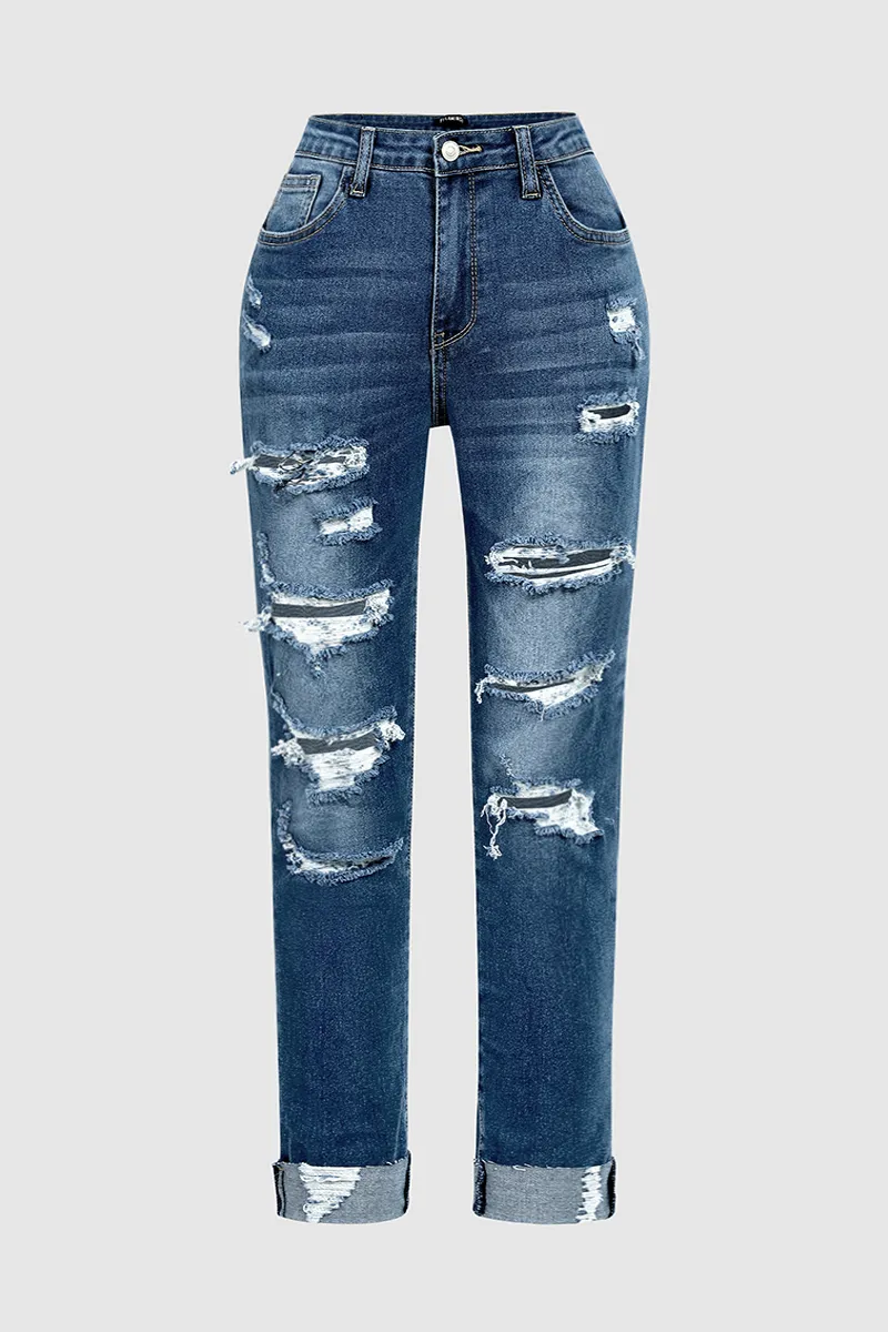 Ladder Ripped Rolled Hem Mid Waist Skinny Jeans