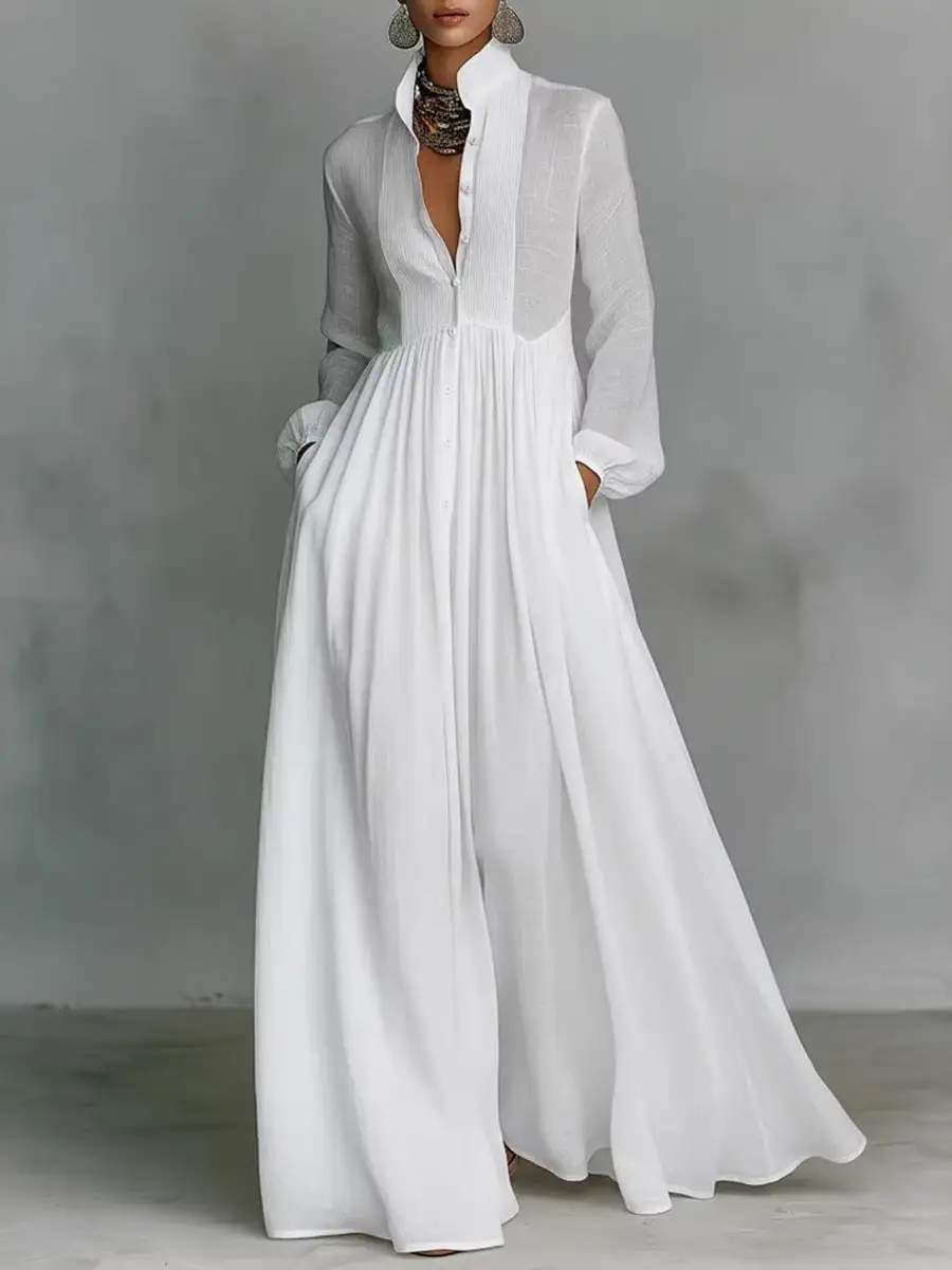 Pleated Buttoned Shirt Maxi Dress