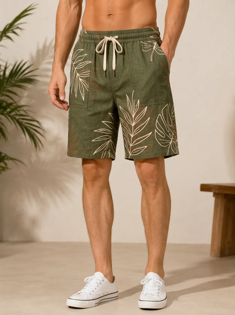 Men's Tropical Vacation Olive Green Leaf Printed Shorts