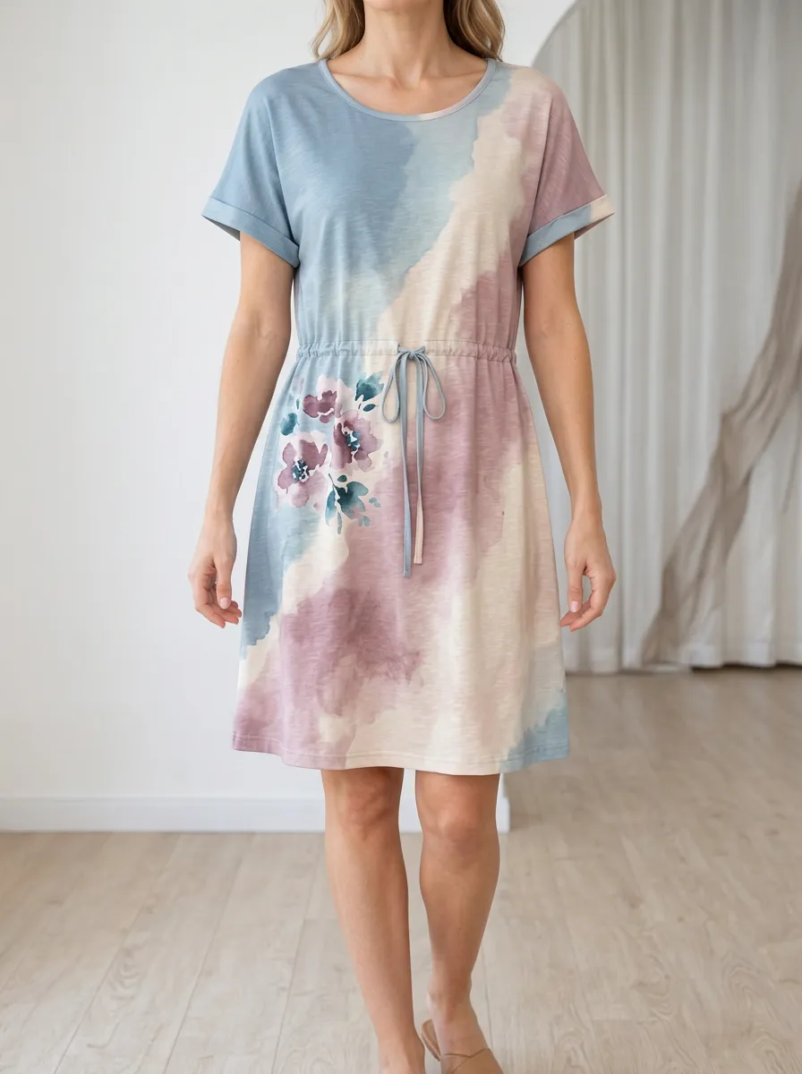 Women's Watercolor Floral Tie-Dye Printed Dress
