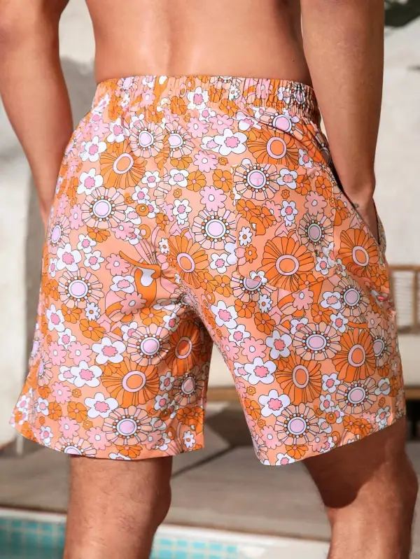 Men's Drawstring Floral Pocket Beach Shorts