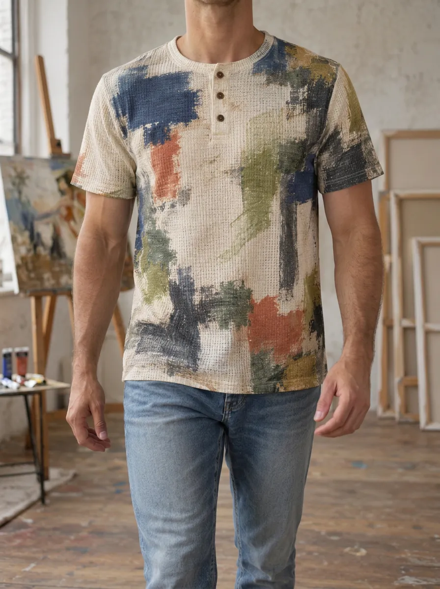 Men's Refined Abstract Paint Stroke Waffle Henley T-Shirt