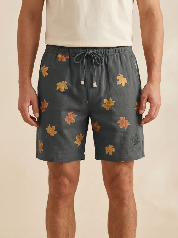 Maple Leaf Print Drawstring Feature Shorts