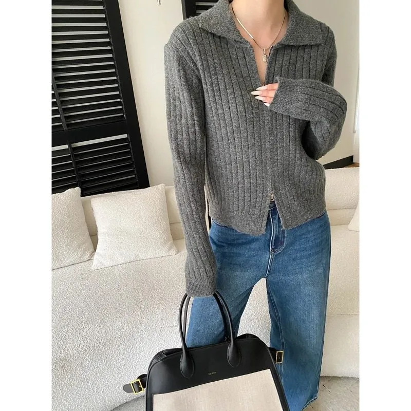 Ribbed Zip Front Polo Collar Ribbed Sweater