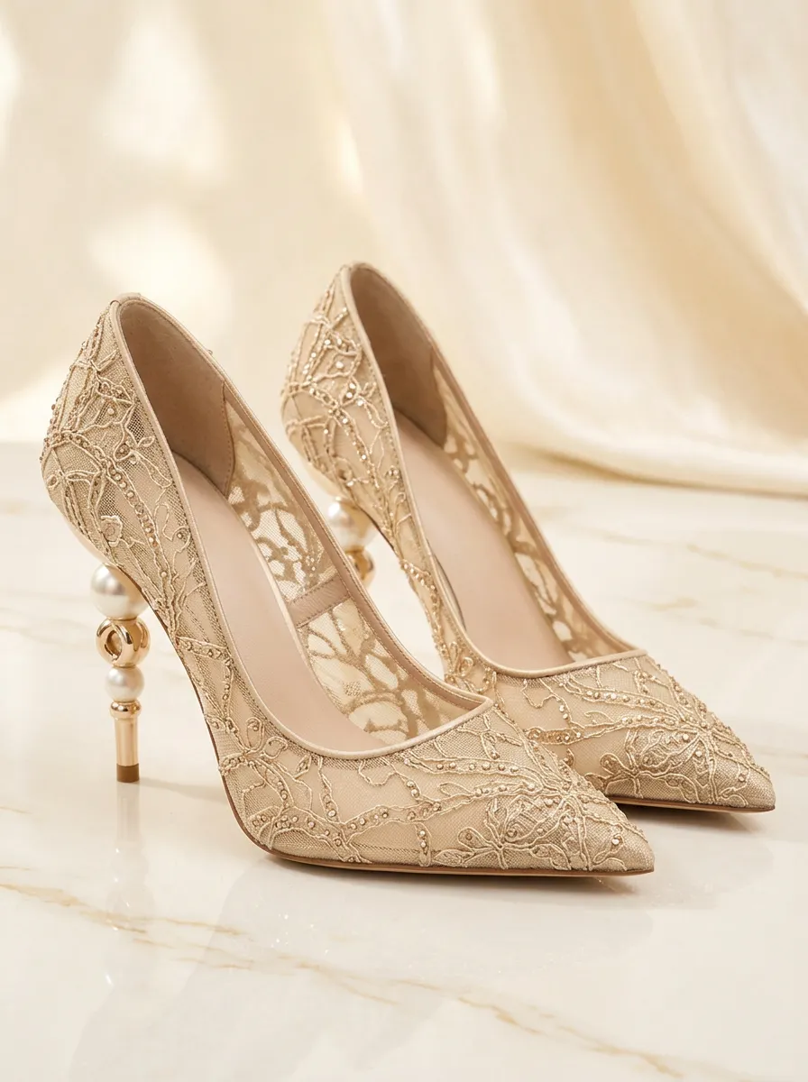 Pearl Lace-Detail Embroidered Mesh Women's Formal High Heels