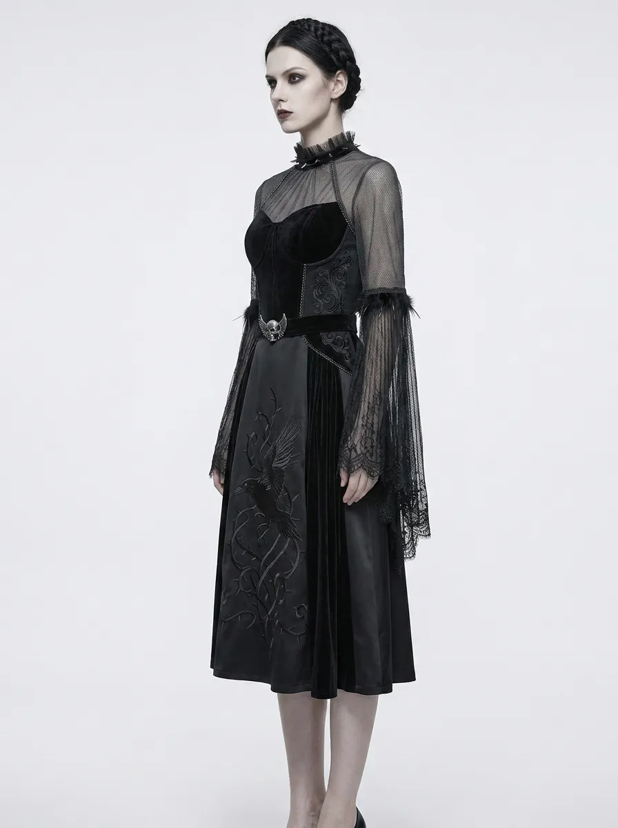 Women's Gothic Raven Thorn Embroidered Mesh Bell Sleeve Top