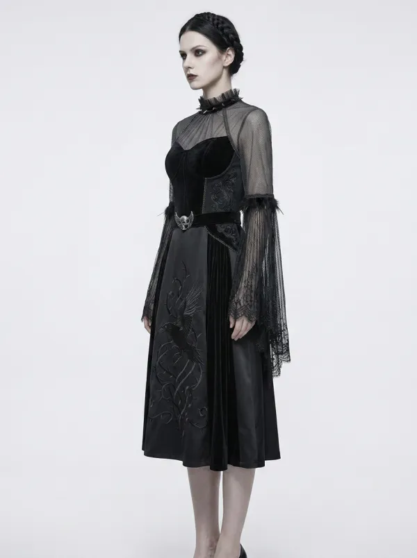 Women's Gothic Raven Thorn Embroidered Mesh Bell Sleeve Top
