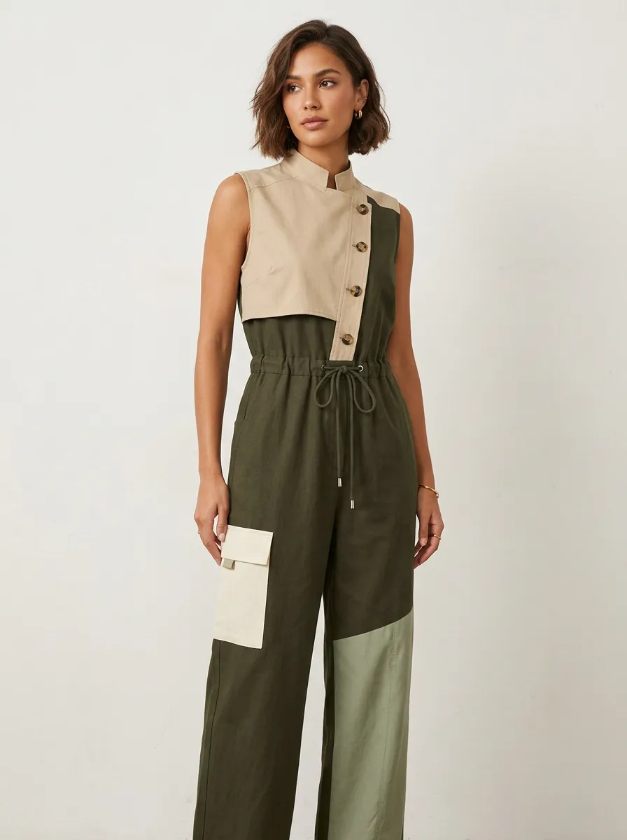 Women's Casual Utility Colorblock Sleeveless Buttoned Jumpsuit