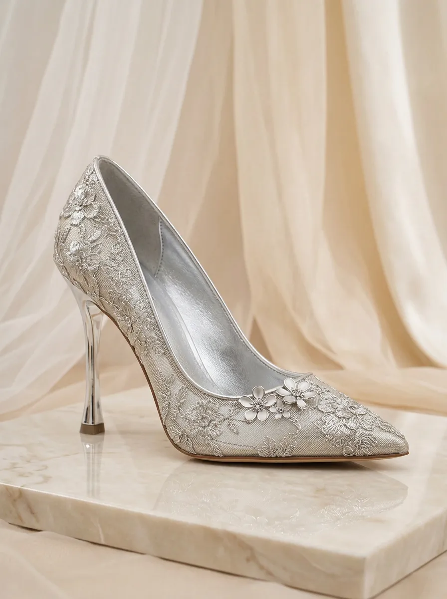 Floral Lace-Detail Embroidered Metallic-Look Women's Formal High Heels