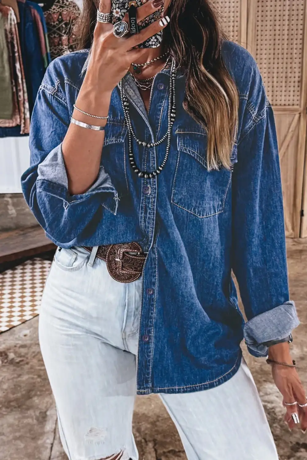 Women's Denim Long Sleeve Tunic Blouse
