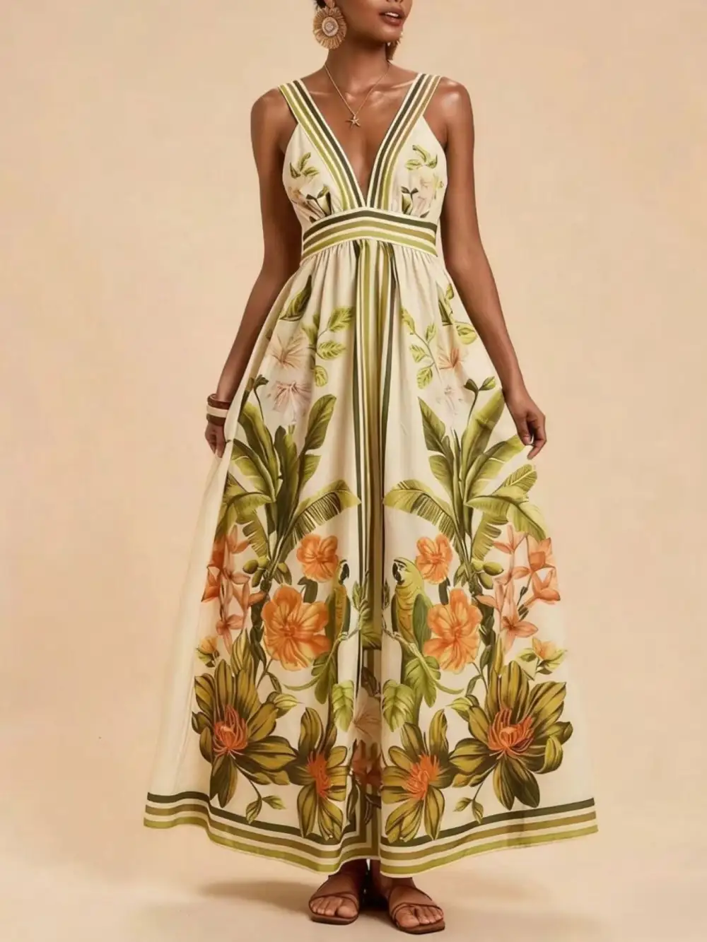 Classic Tropical Print V Neck Maxi Dress