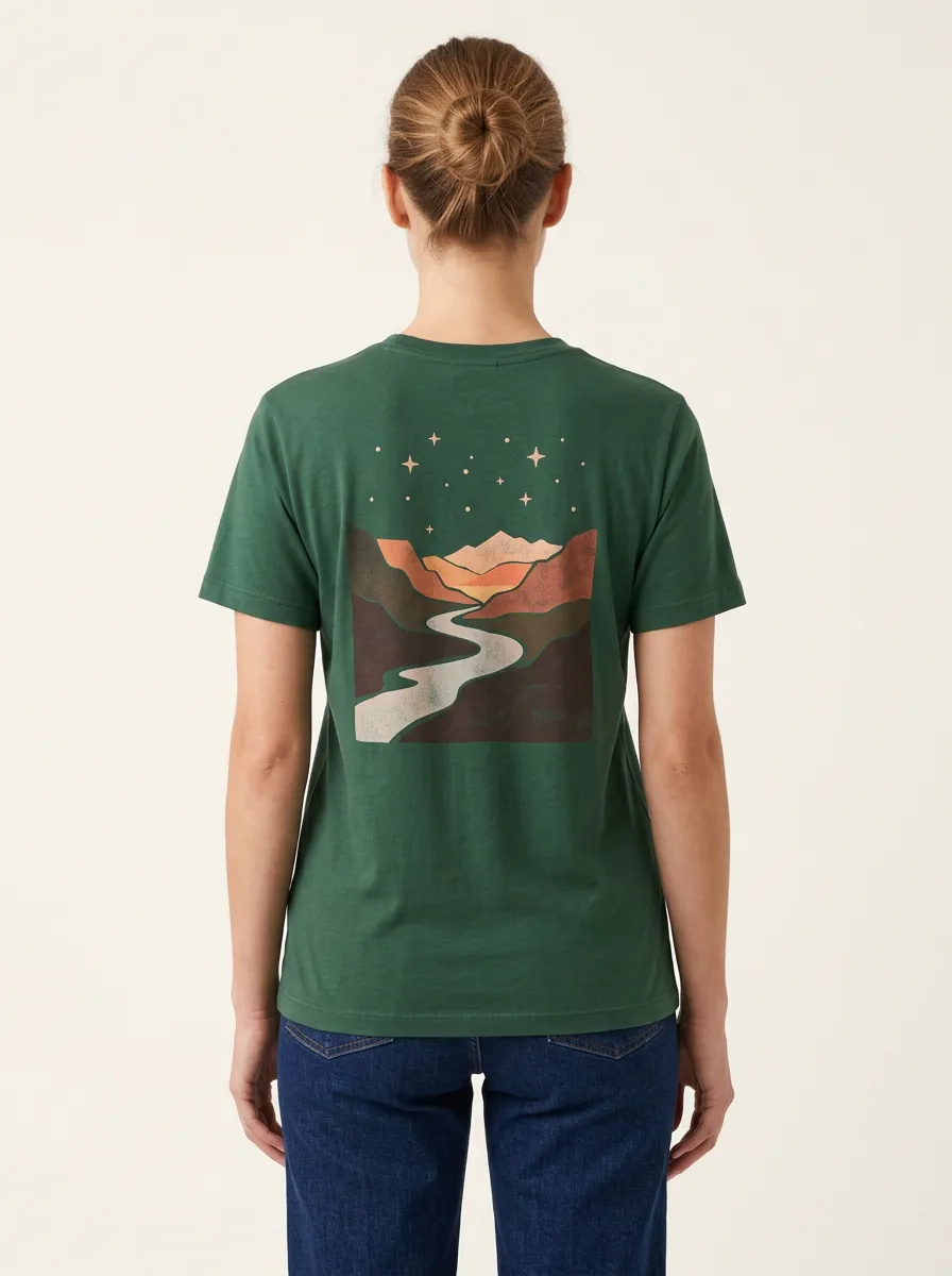 Women's Mountain River Starry Night Back Graphic Crewneck T-Shirt