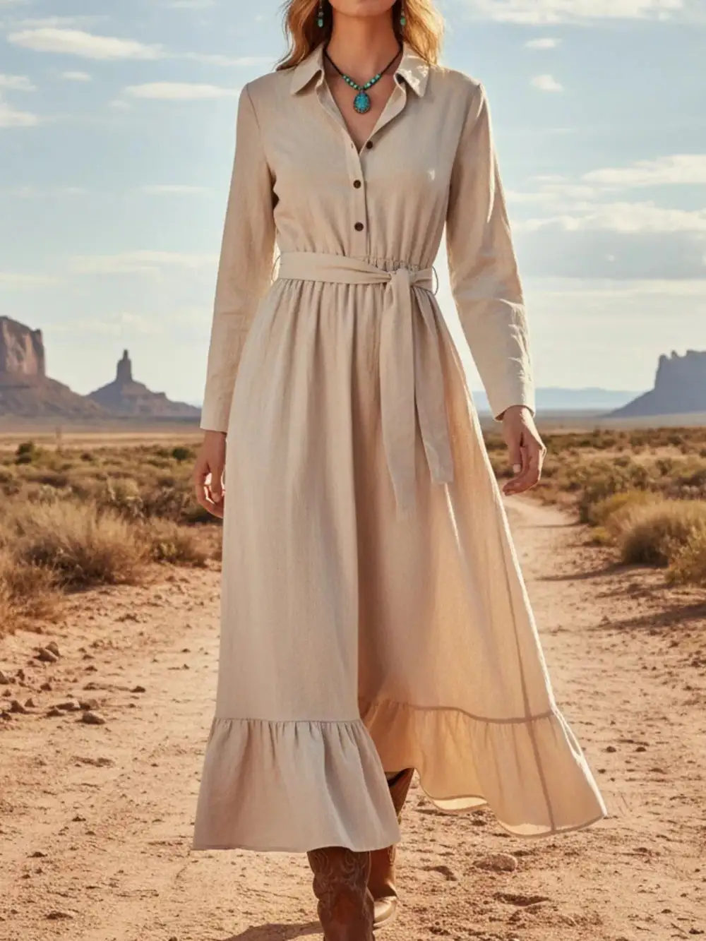 Tie Waist Ruffle Long Sleeve Dress Casual