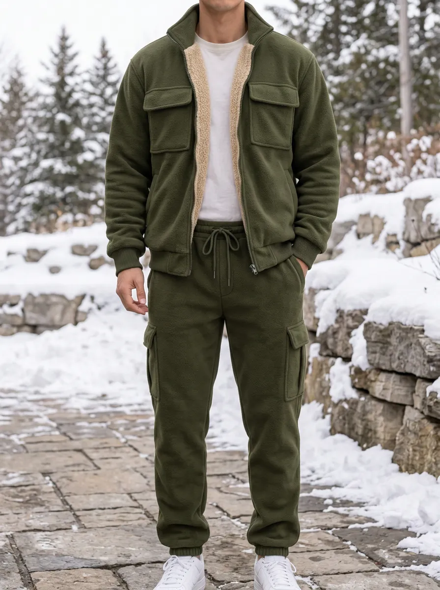 Men's Winter Fleece-Lined Jacket and Jogger Set with Chest Pocket