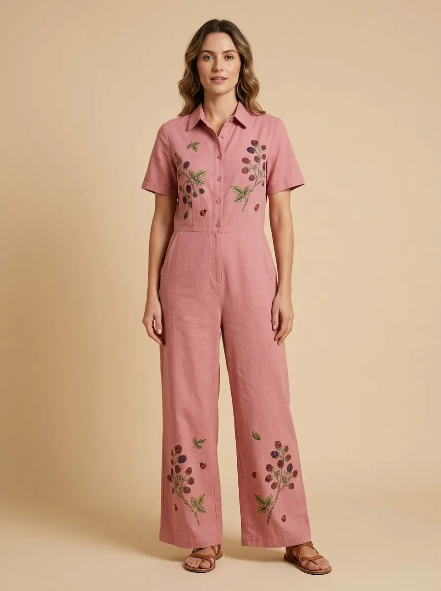 Women's Embroidery-Detail Short-Sleeve Jumpsuit