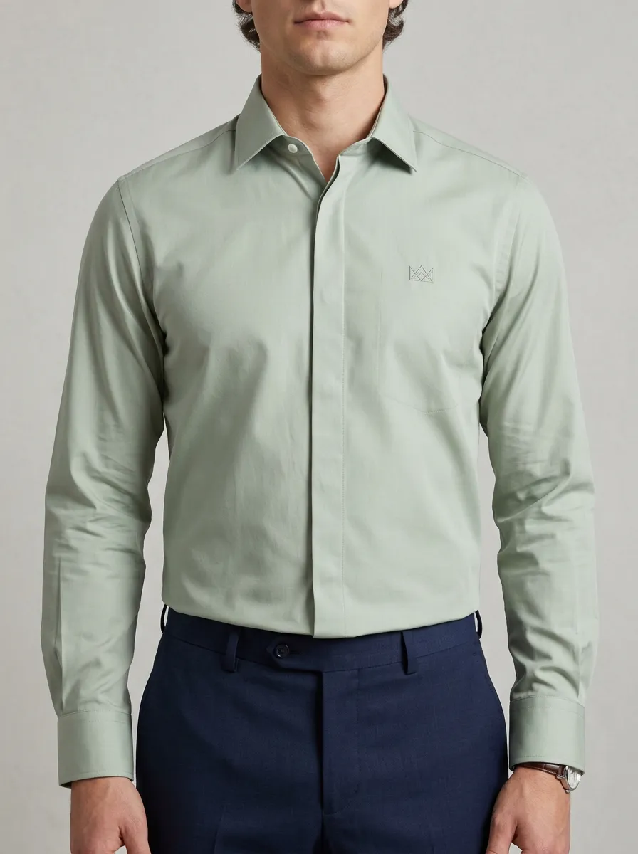 Men's Sage Green Minimalist Crown Logo Non-Iron Cotton Shirt