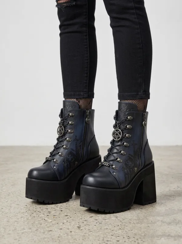Pentagram Skull Embossed Graphic Women's Gothic Platform Boots