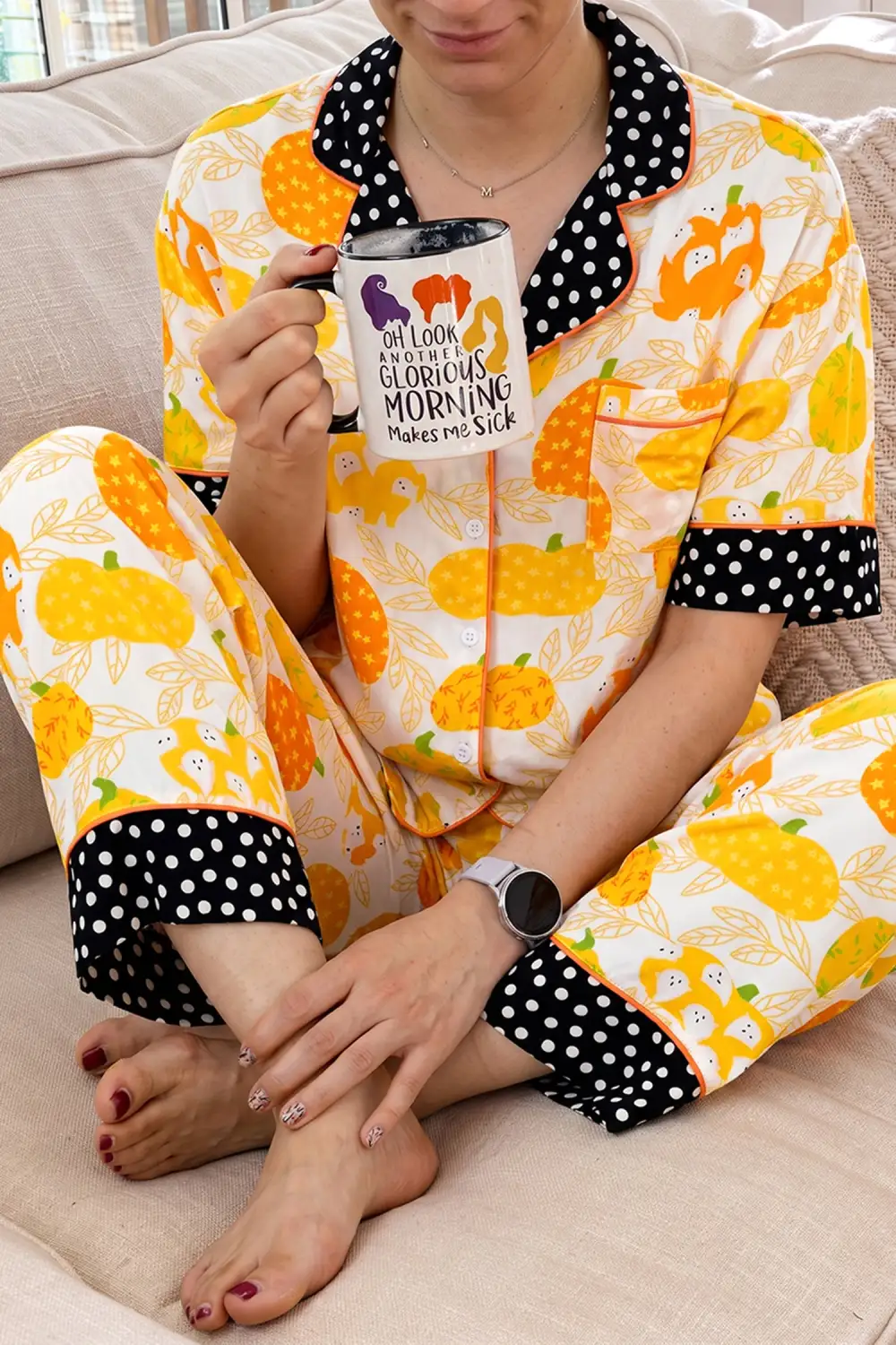 Women's Short Sleeve Pumpkin Print Polka Dot Trim Pocket Pocket Placket Home Wear Lounge Set