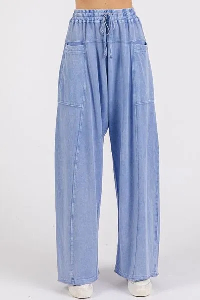 Mineral Wash Elastic Waist Baarrel Leg Pants