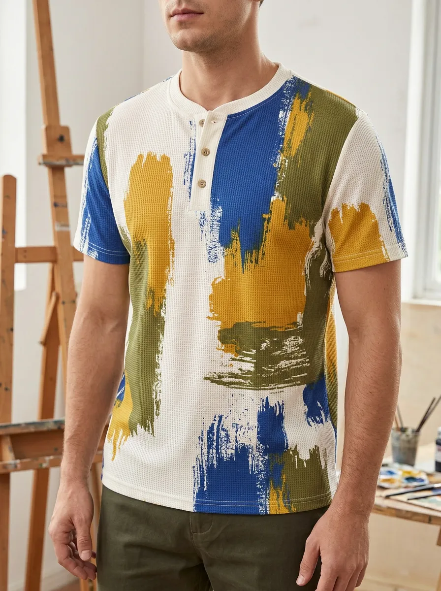 Men's Abstract Paint Stroke Printed Waffle Knit Henley T-shirt