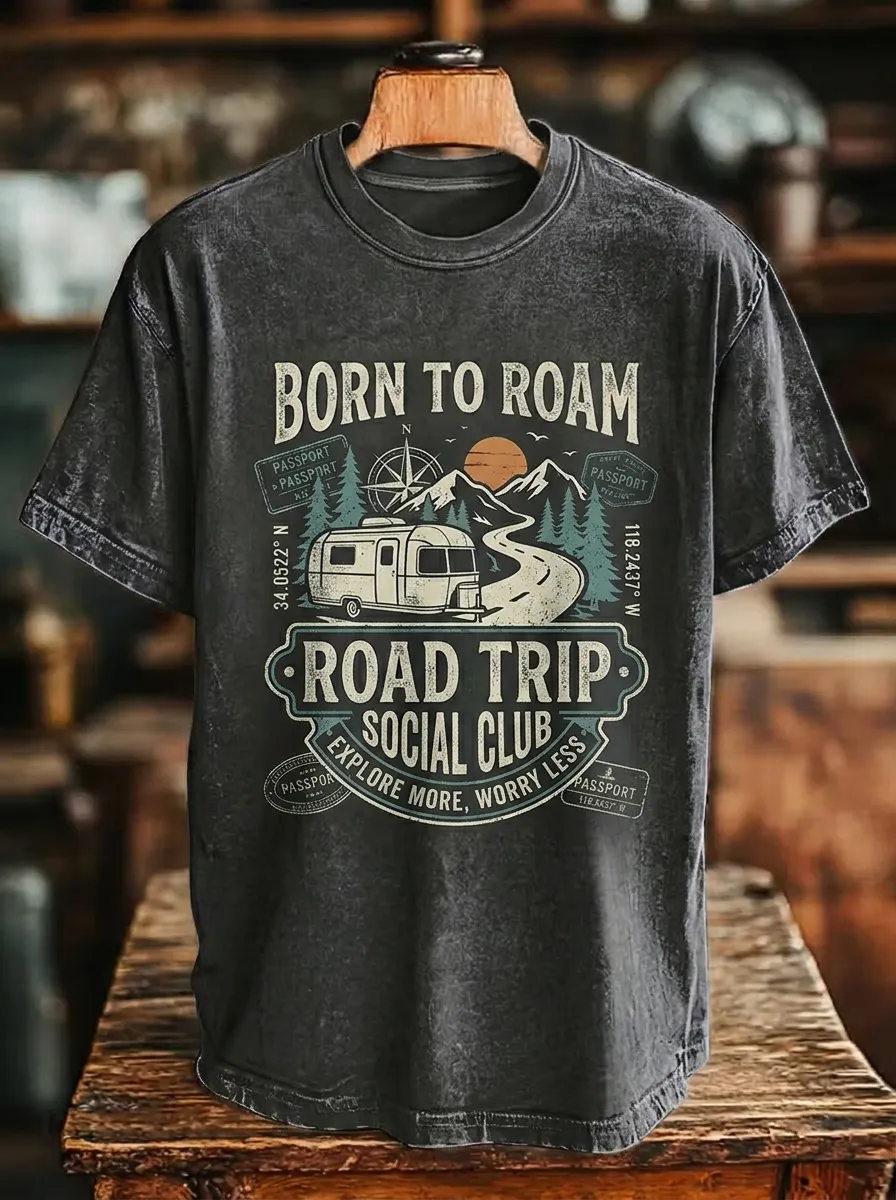 Unisex Road Trip Camper Born To Roam Printed T-shirt