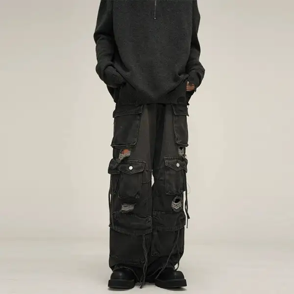 Wide-Leg Distressed Cargo-Pocket Jeans