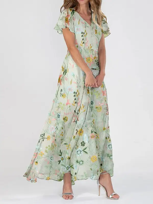  Floral Print V Neck Maxi Dress