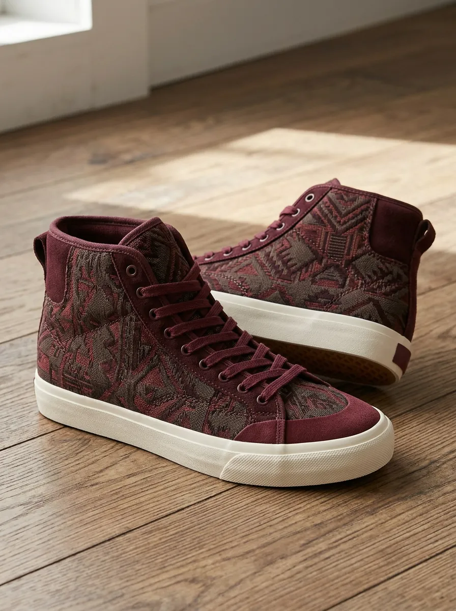 Women's Boho Geometric Pattern Burgundy Printed High Top Sneakers