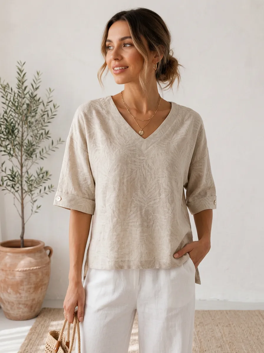 Women's Casual Summer Leaf Pattern Printed V-Neck Top