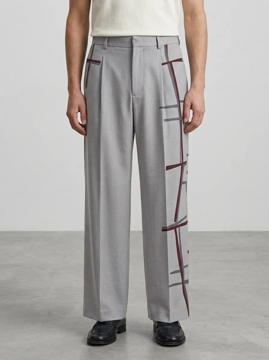 Men's Geometric Plaid Pattern Printed Wide Leg Trousers Modern Pattern