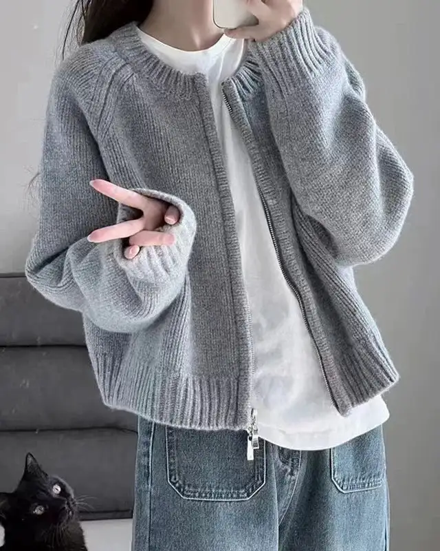 Merino-Wool Wool Round-Neck Cropped Knit Jacket