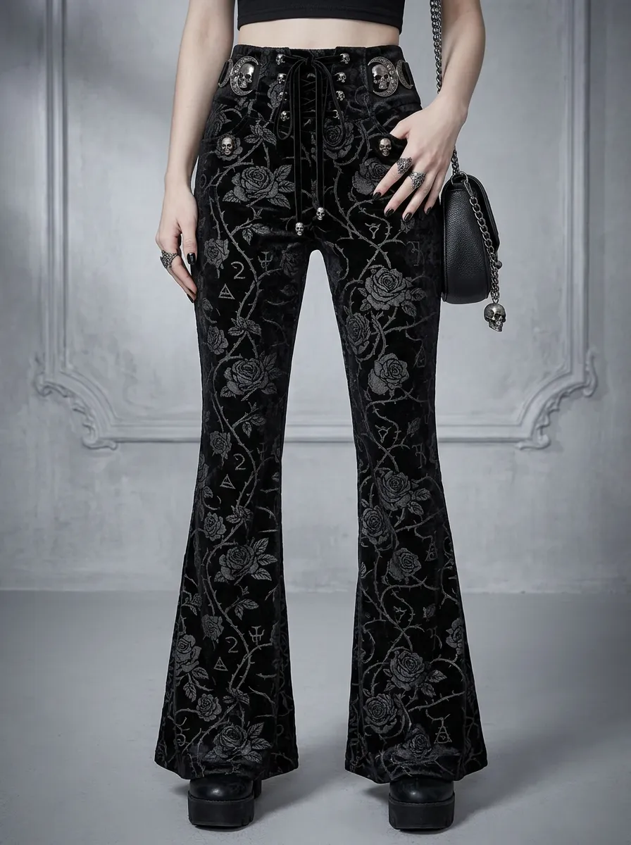 Alternative Skull Rose Velvet Finish Women's Gothic Flare Pants