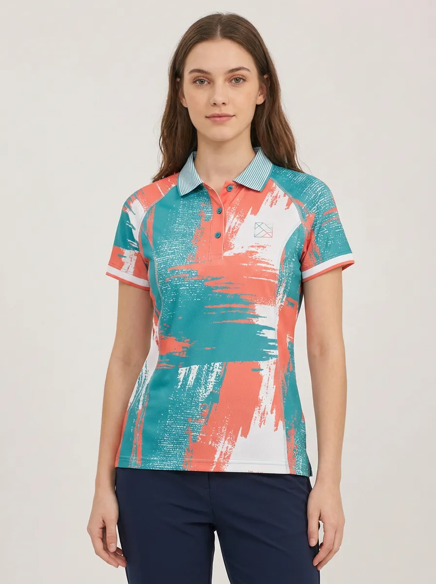 Women's Abstract Brushstroke Teal Coral Printed Polo Shirt