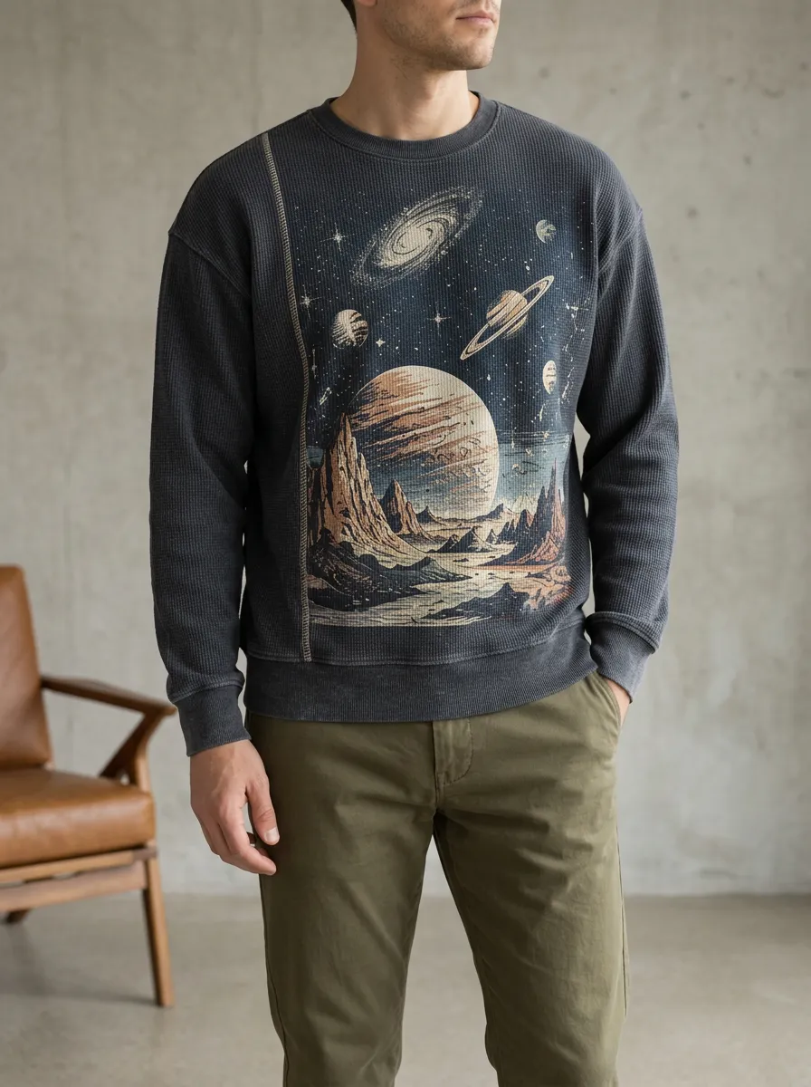 Men's Charcoal Graphic Textured Waffle Crewneck Pullover