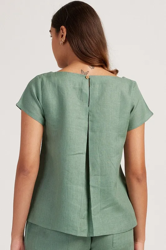 Sage Green Linen Boat-Neck Top