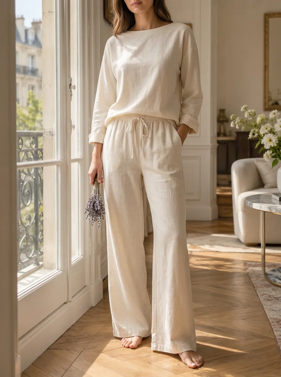 Women's Casual Minimalist Beige Linen Long Sleeve Lounge Set