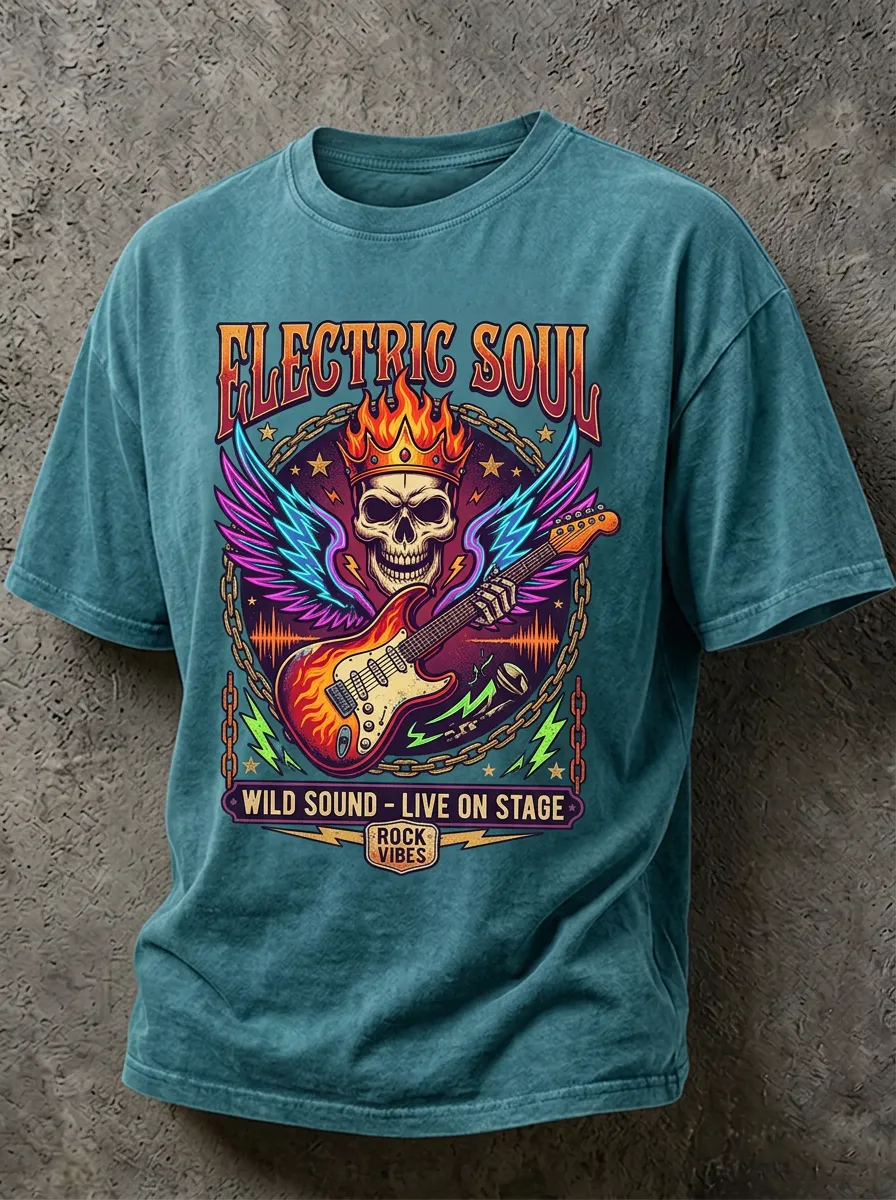 Unisex Rock Music Lover Flaming Skull Guitar Printed T-shirt