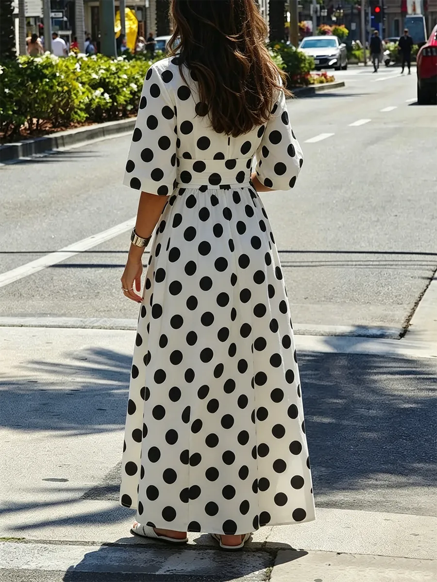 Polka Dot Buttoned Shirt Maxi Dress