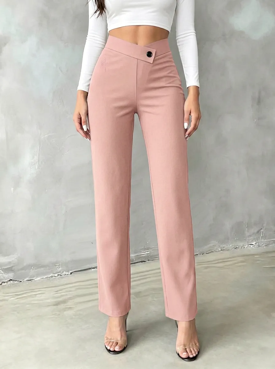 Women's Versatile Weekend Leaf Embroidered Mid Rise Straight Leg Pants