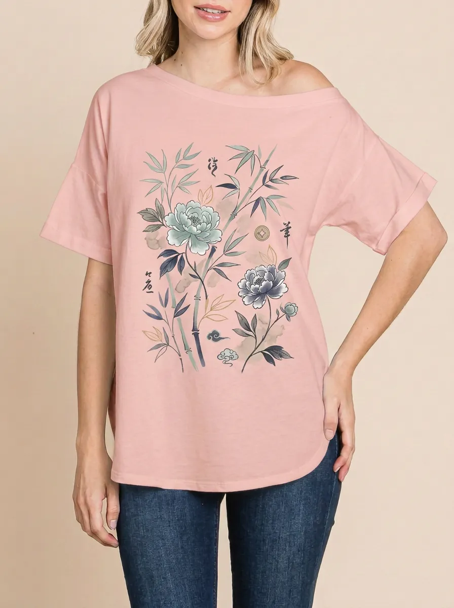 Women's Asian Floral Bamboo Peony Printed T-shirt