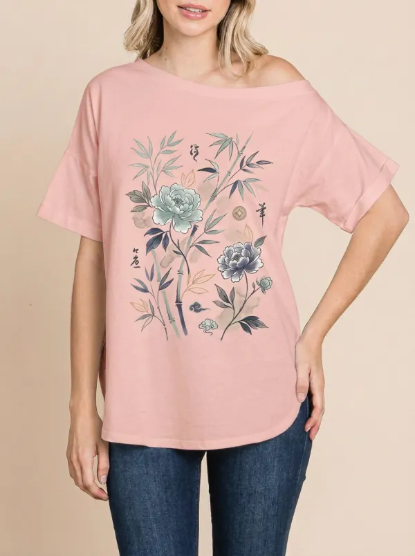 Women's Asian Floral Bamboo Peony Printed T-shirt