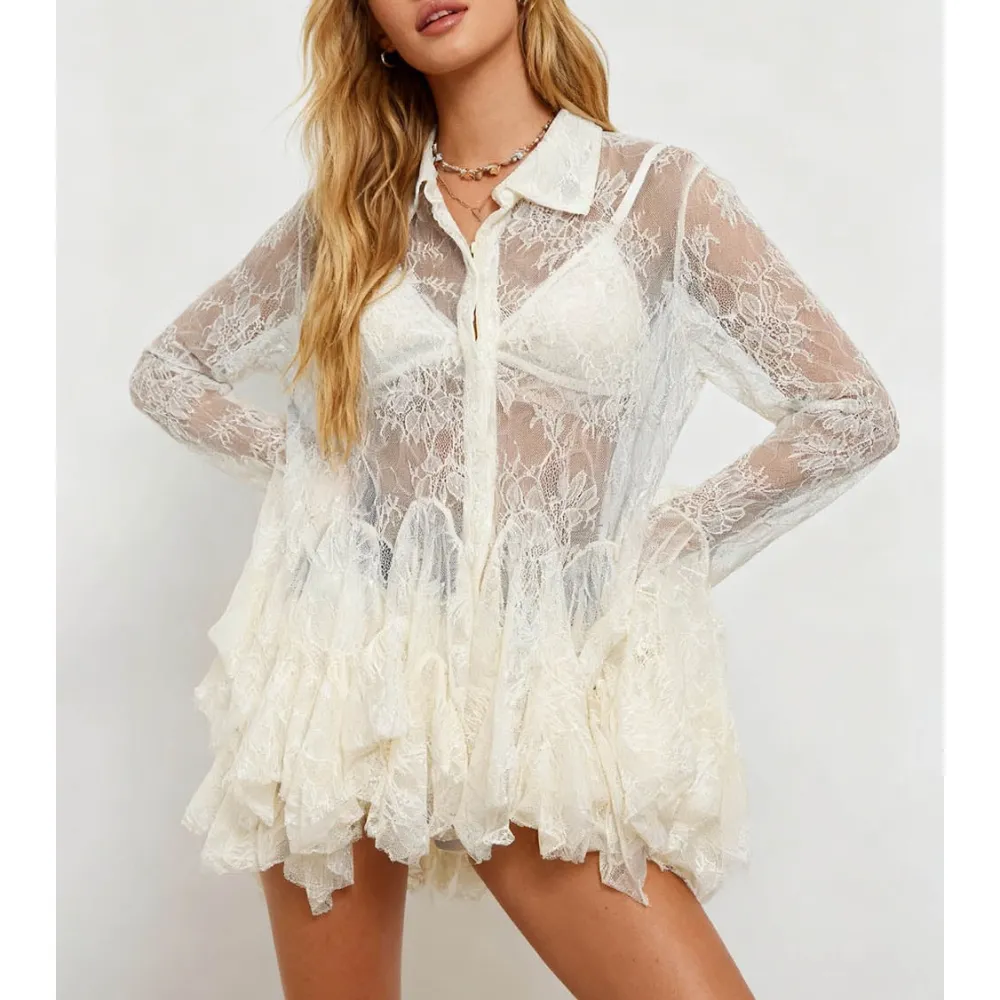 Sheer Lace Sequin Button Front Irregular Ruffle Mini Dress