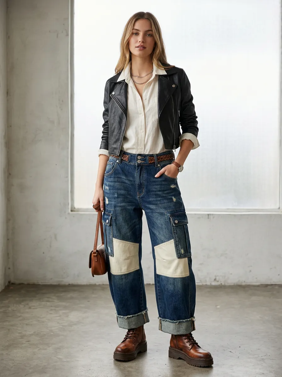 Women's Casual Fashion Colorblock Distressed Denim Cargo Pants