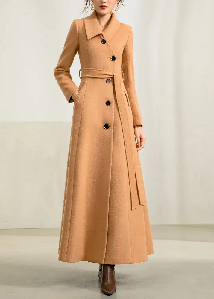 Wool Fit and Flare Single Breasted Pocketed Button Front Long Coat