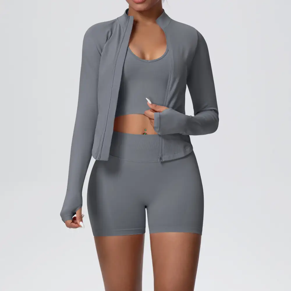 Long-Sleeve High-Waist Jacket, Bra and Vest Active Set