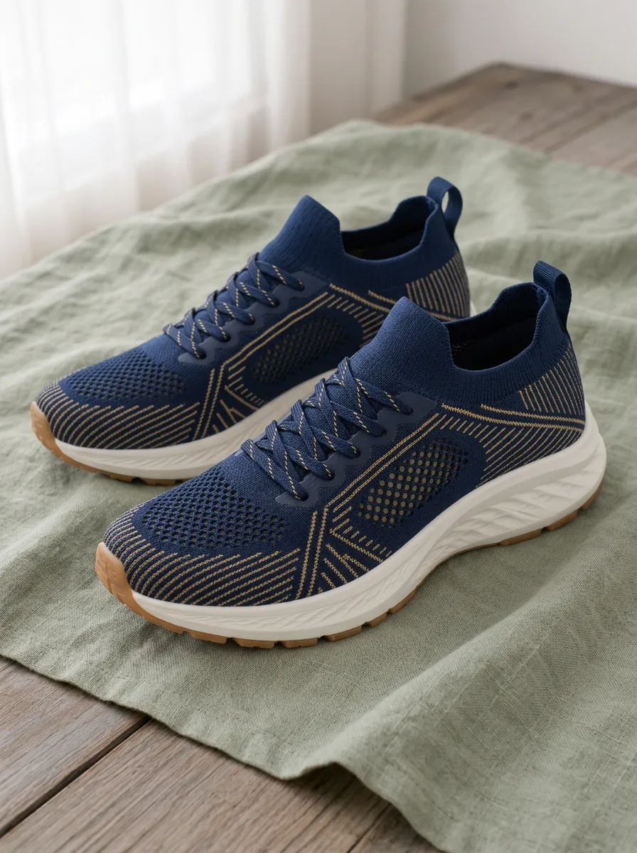 Women's Geometric Line Pattern Navy Blue Printed Sneakers