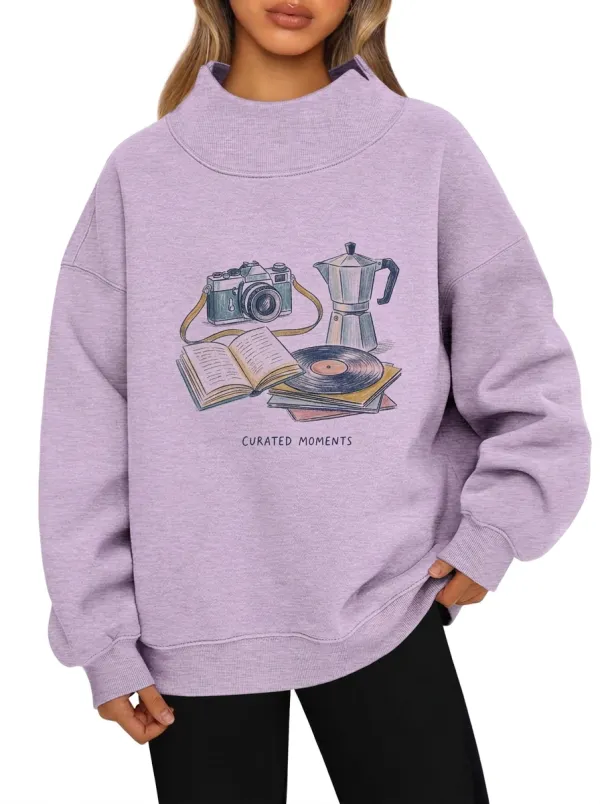 Women's Vintage Hobby Camera Coffee Vinyl Book Graphic Sweatshirt