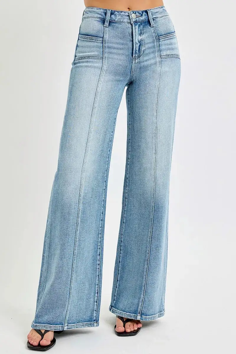 Casual Mid Rise Wide Leg Pocketed Denim Jeans