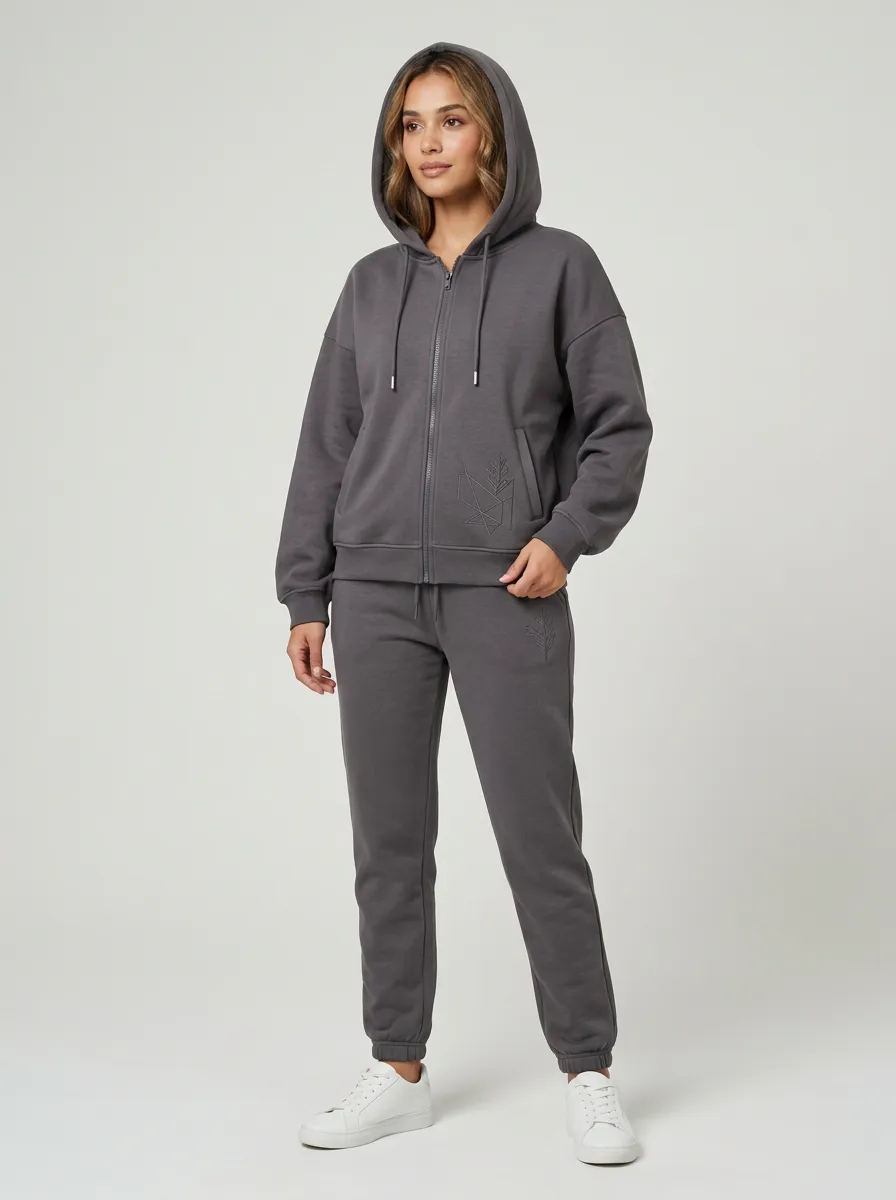Women's Charcoal Geometric Leaf Graphic Zip-Up Hoodie Jacket & Jogger Set