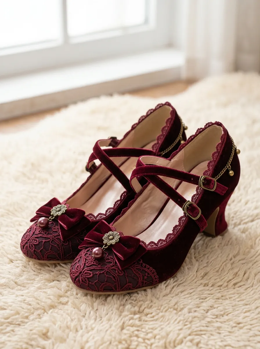 Lace Bow Velvet Women's Bavarian Occasion Heels